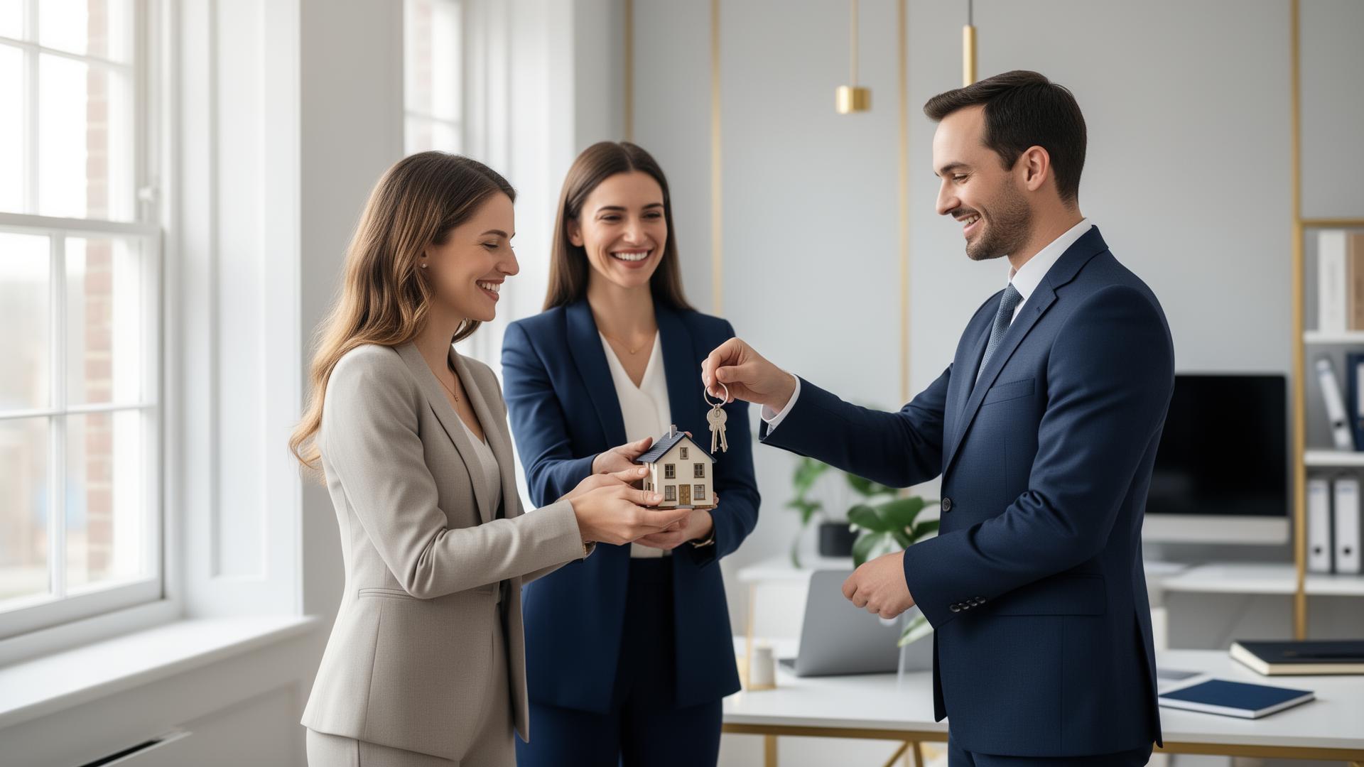 Mortgage adviser handing house keys to happy homeowners